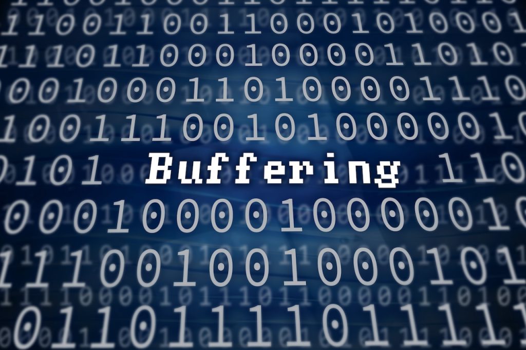 Digital loading concept showing a pixelated Buffering title over a blue binary background representing network latency.