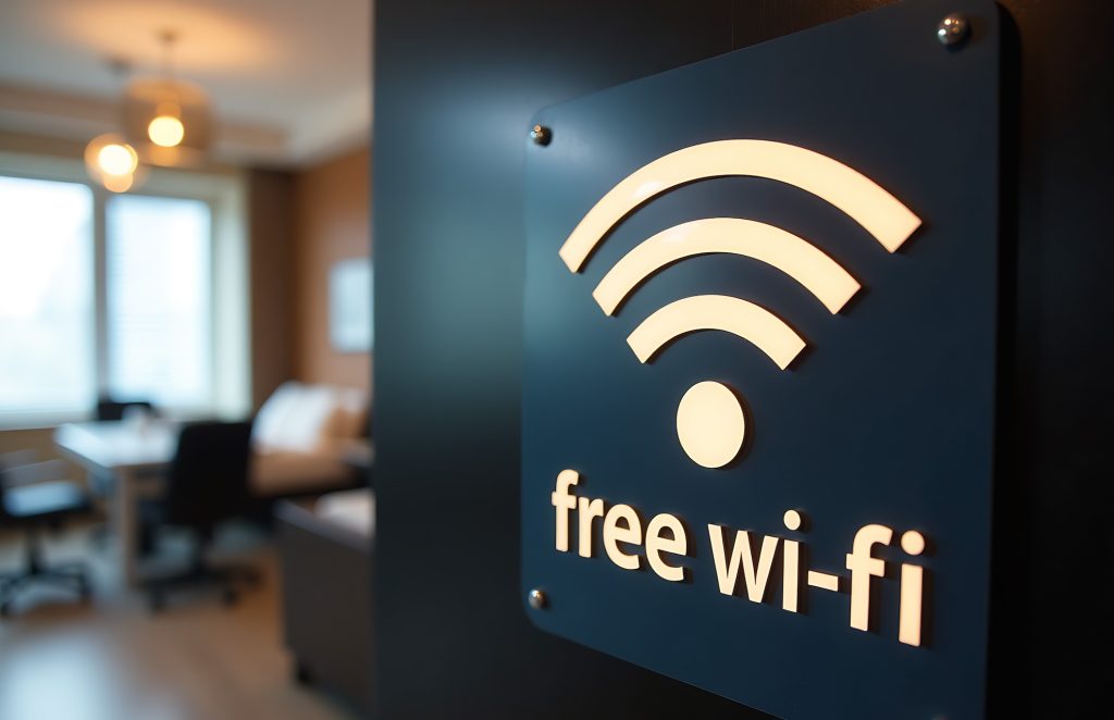 sign with a Wi-Fi symbol and the text "Free Wi-Fi" informing guests of complimentary internet access in the facility.