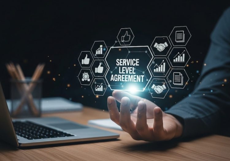 rendering of service level agreement hovering digitally above a hand and laptop computer