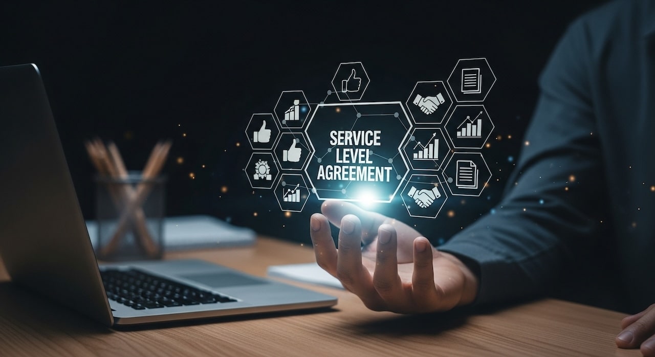 rendering of service level agreement hovering digitally above a hand and laptop computer