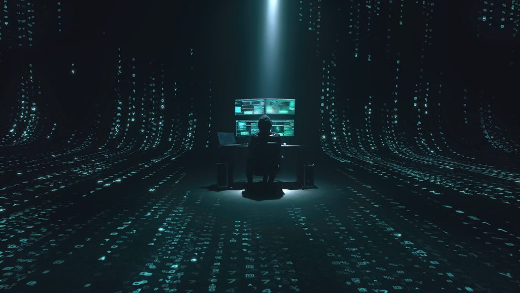Minimalistic concept of alone hacker programmer surrounded by green programming codes in a dark ambient cyber space, sitting at a table with four monitors doing a hacking attack
